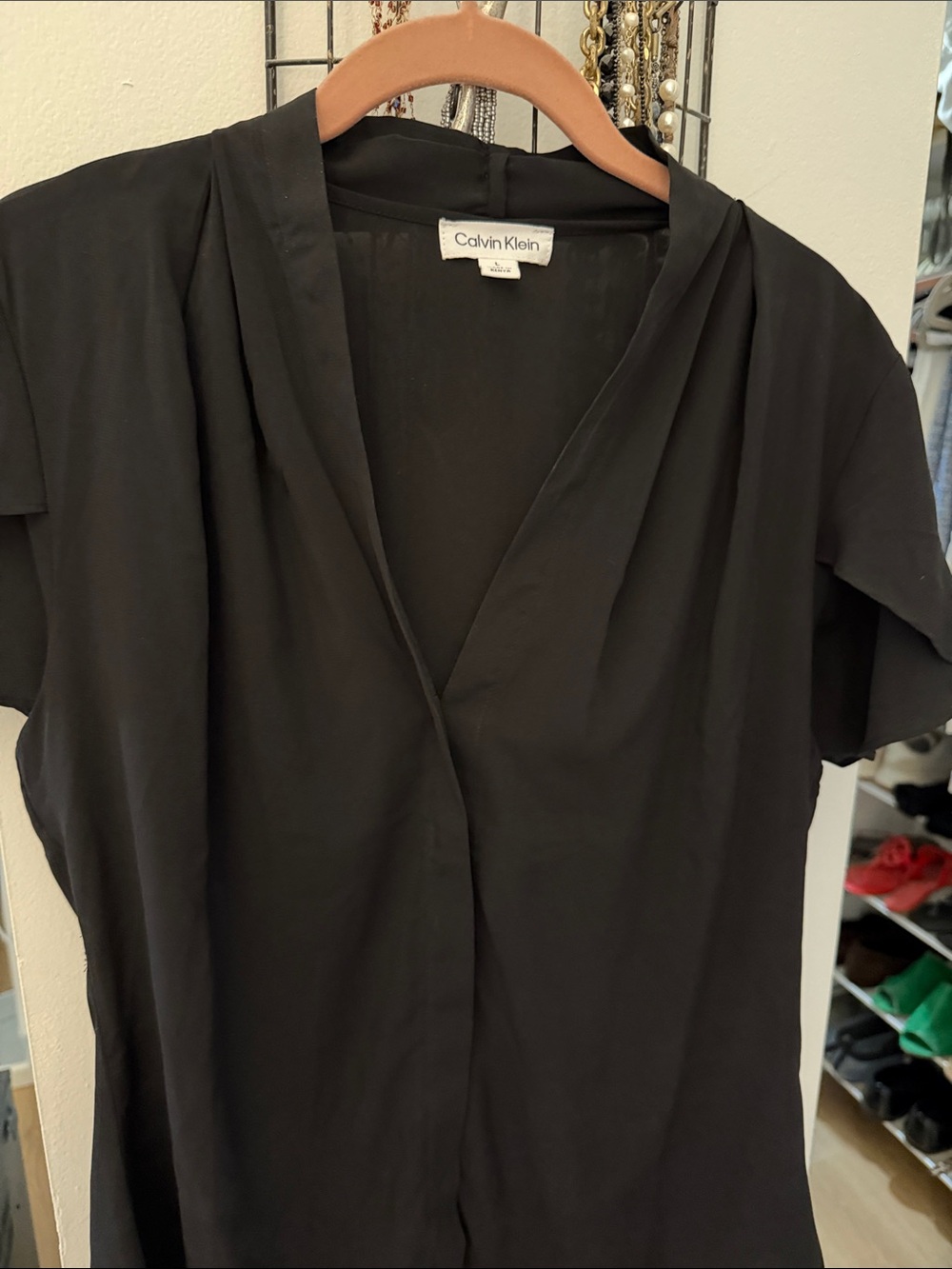 Calvin Klein Black Draped V-Neck Short Sleeve Blouse